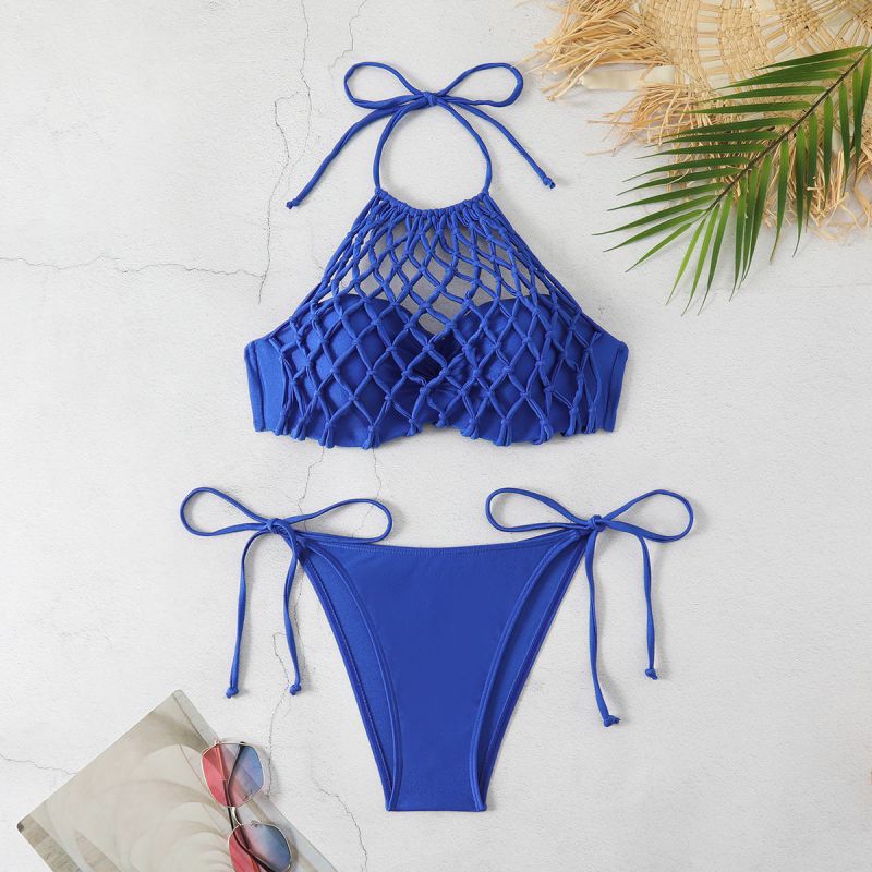 Fashion Blue Polyester Mesh Hollow Halterneck Lace-up One-piece Swimsuit Bikini