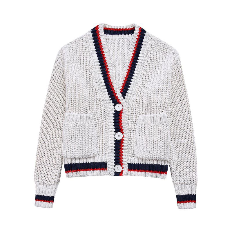 Fashion White Trim V-neck Knitted Jacket