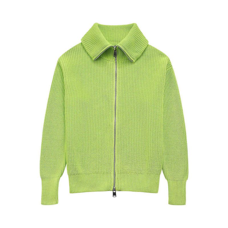Fashion Green Lapel Zipper Knitted Cardigan