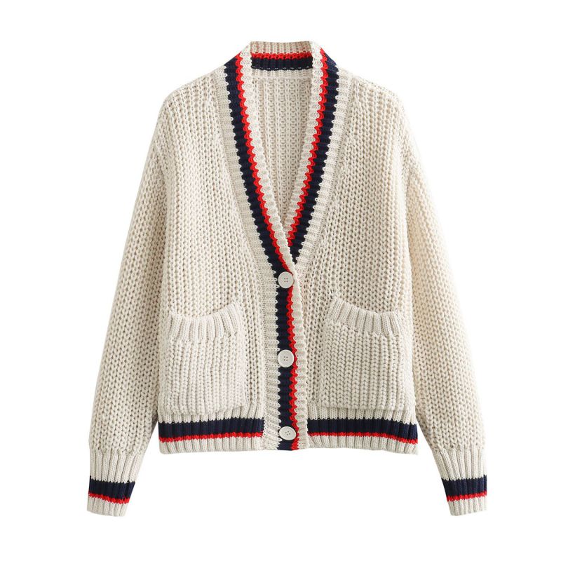 Fashion White Trim V-neck Knitted Jacket