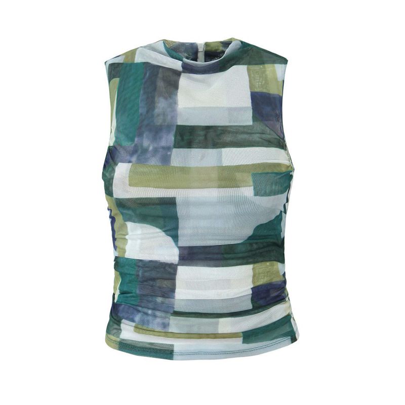 Fashion Color Mesh Printed Pleated Tank Top