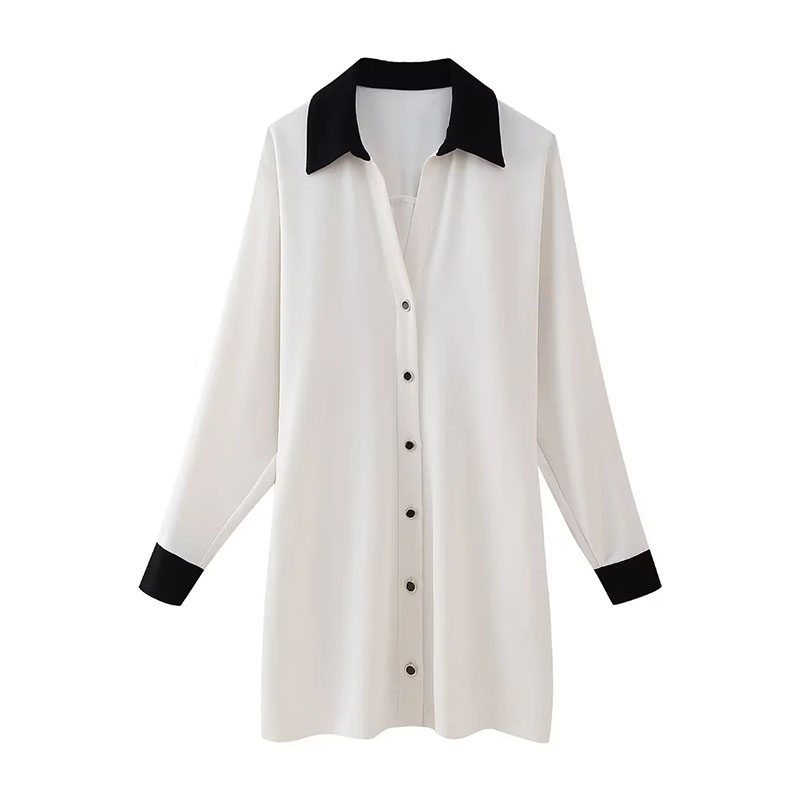 Fashion White Polyester Contrast Lapel Buttoned Skirt