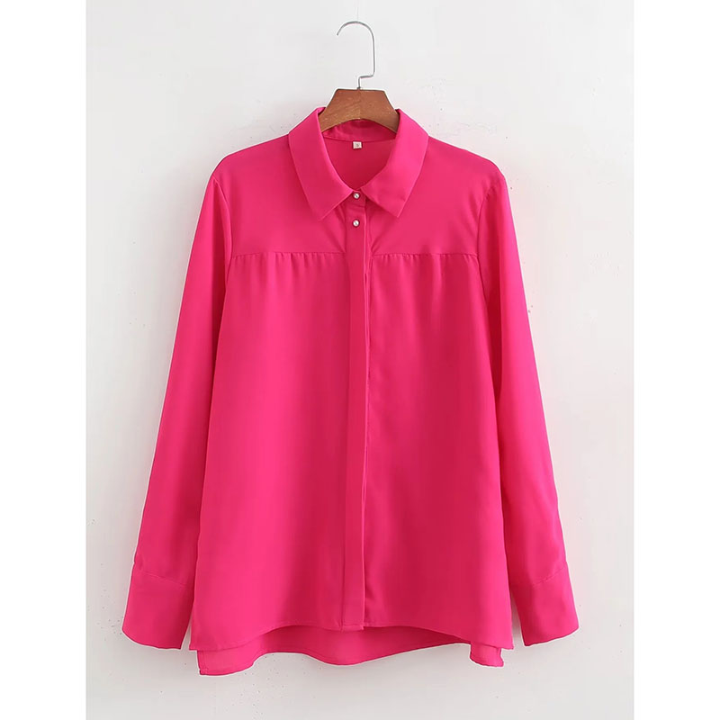 Fashion Rose Red Polyester Lapel Button-down Shirt