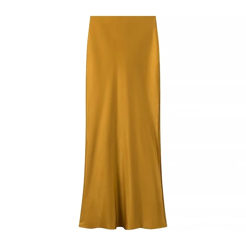Fashion Yellow Silk Satin Glossy Skirt