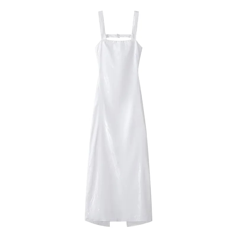 Fashion White Polyester Square Neck Suspender Long Skirt
