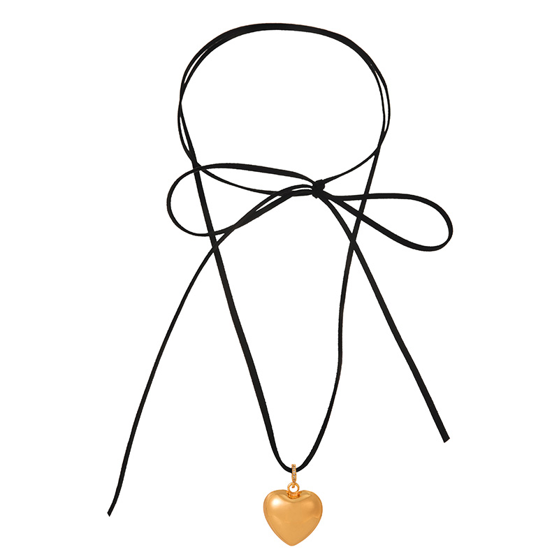 Fashion Black Copper Love Pendant Pu Tie Bow Necklace