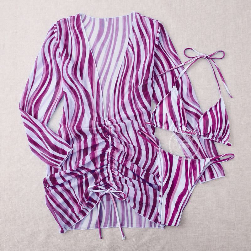 Fashion Purple And White Strips Polyester Vertical Pattern Halterneck Split Swimsuit Bikini Three-piece Set