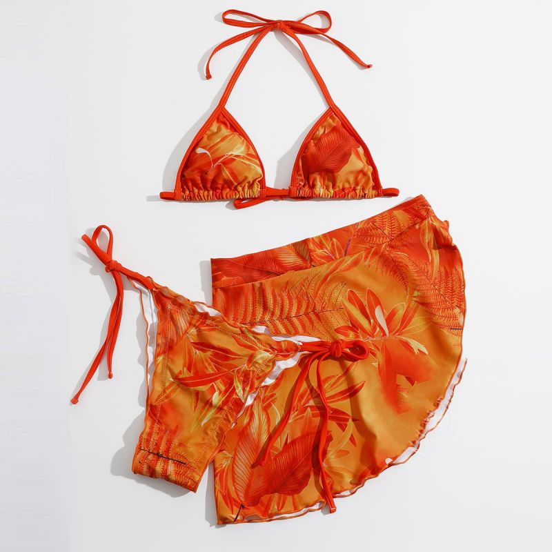 Fashion Orange Print Polyester Printed Halter Neck Split Swimsuit Bikini Three-piece Set