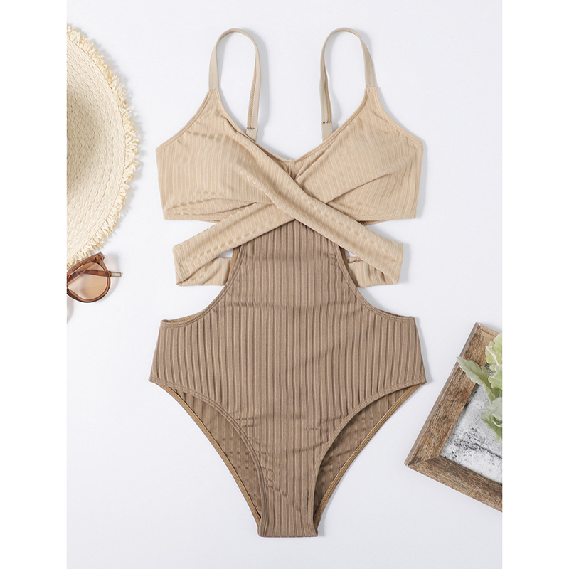 Fashion Brown - Special Fabric Polyester Printed Hollow One-piece Swimsuit