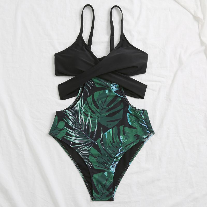 Fashion Black Green Leaves Polyester Printed Hollow One-piece Swimsuit
