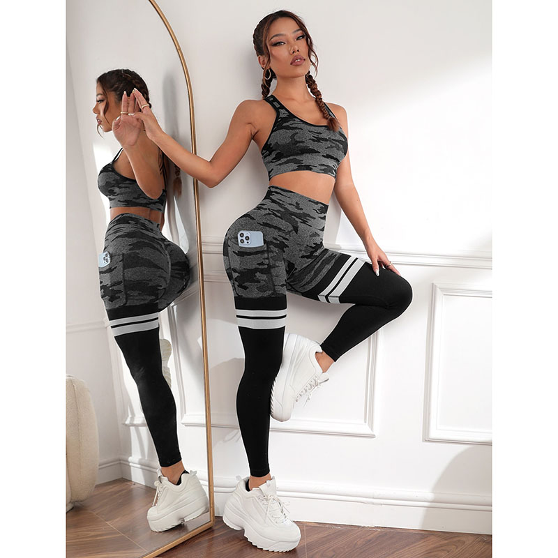 Fashion Gray Suit Nylon Color-blocked Round Neck Short-sleeved High-waisted Trousers Two-piece Yoga Set