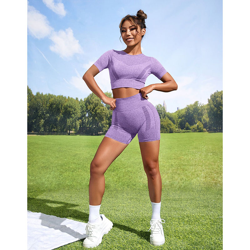 Fashion Purple Suit Nylon Seamless Short-sleeved High-waisted Hip Shorts Set