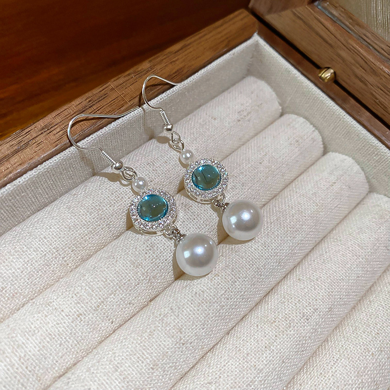 Fashion Ear Hook-pearl-blue Metal Zirconium Geometric Drop Earrings