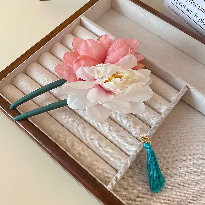 Fashion 7# Hairpin-pink-white Fabric Flower Pearl Tassel Hairpin