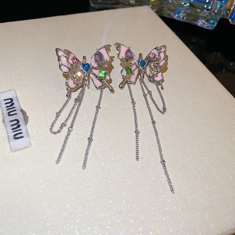 Fashion Butterfly Alloy Diamond-drip Butterfly Tassel Earrings