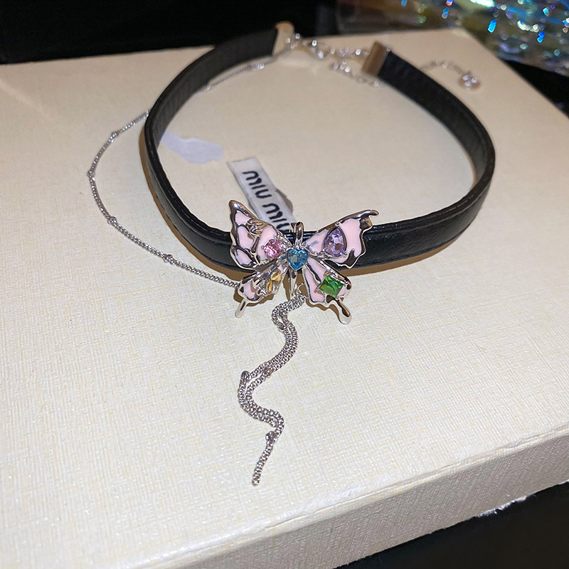 Fashion Collar - Black Alloy Diamond-drip Butterfly Necklace