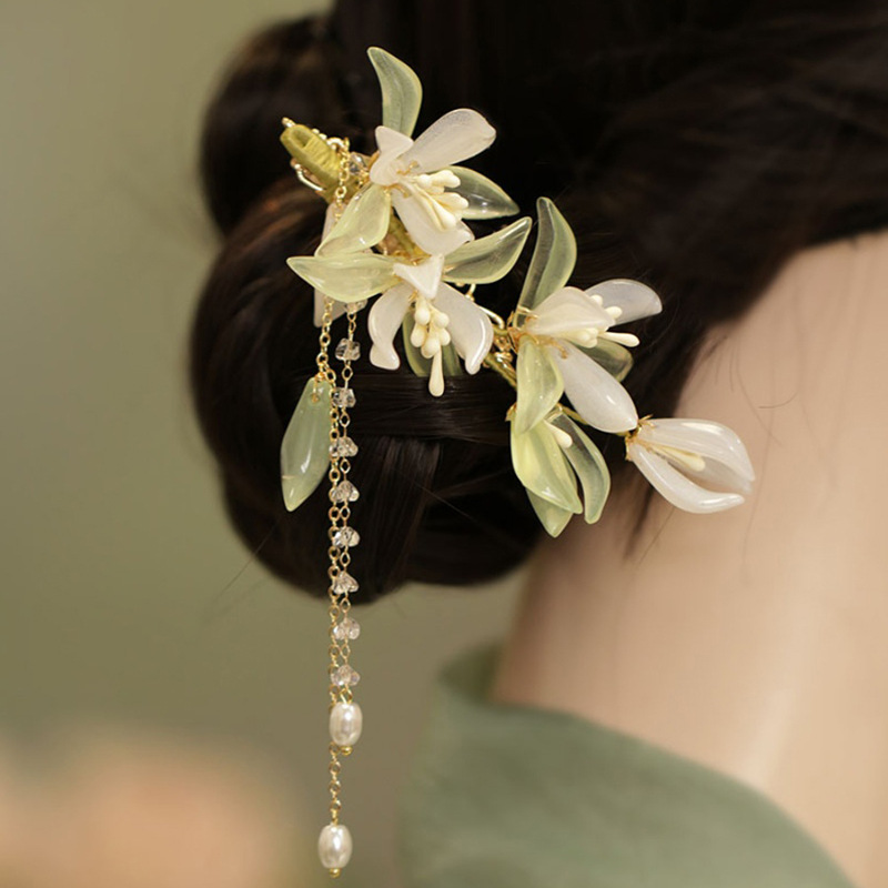 Fashion Duckbill Clip-white-green Flower Pearl Tassel Hair Clip