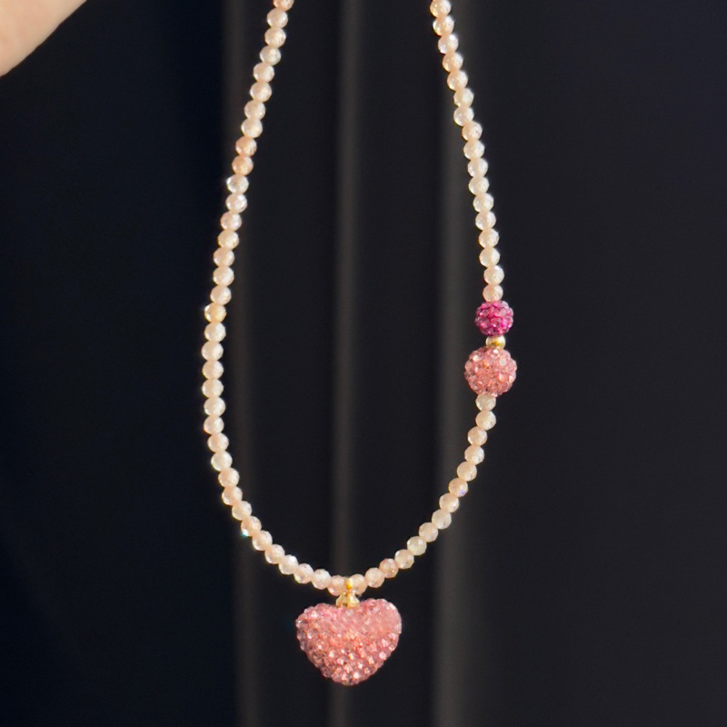 Fashion Necklace-white-pink Crystal Diamond Heart Beaded Necklace
