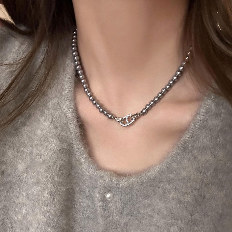 Fashion Necklace - Gray Metal Set Zirconium Pig Nose Pearl Bead Necklace