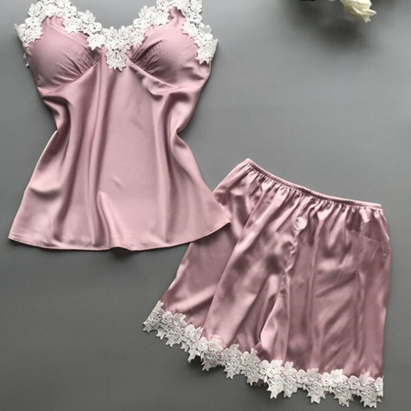 Fashion Pink Acrylic Lace Suspender Shorts And Pajamas Two-piece Set