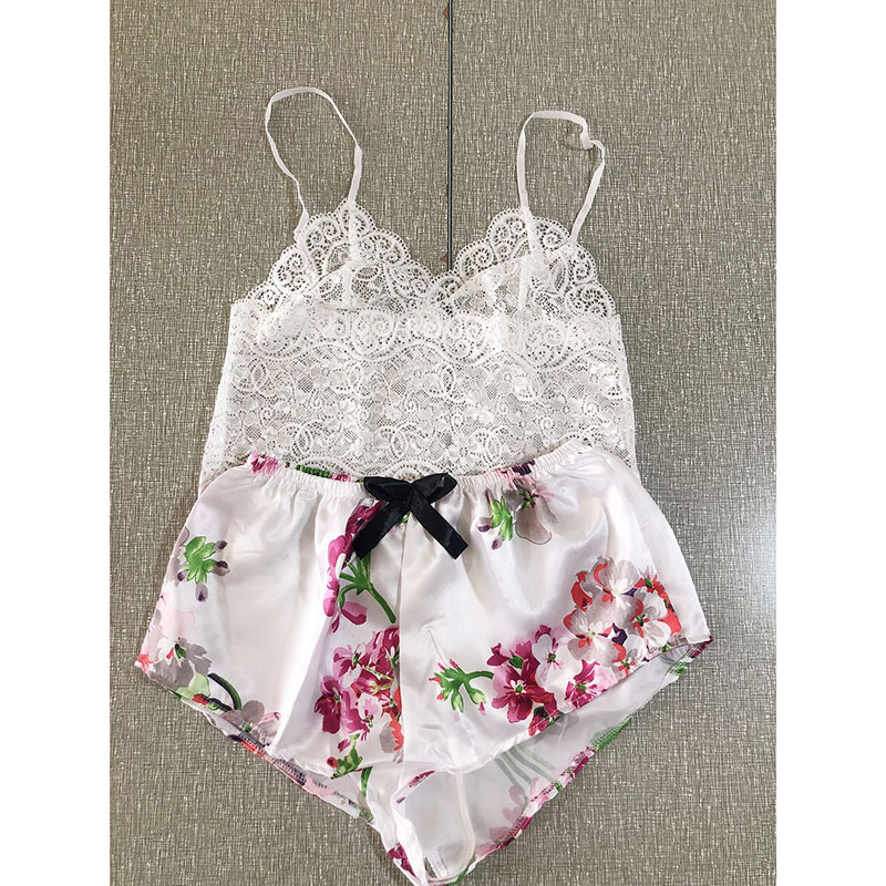 Fashion Printed White Lace See-through Suspender Shorts Pajama Set