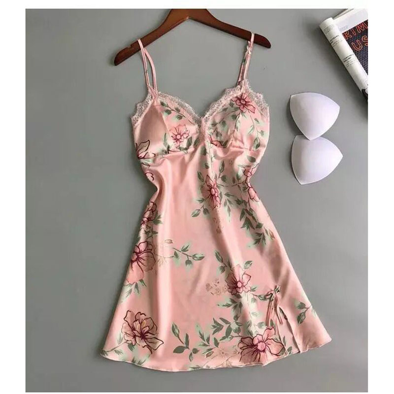 Fashion Pink Imitation Silk Printed Suspender Nightgown