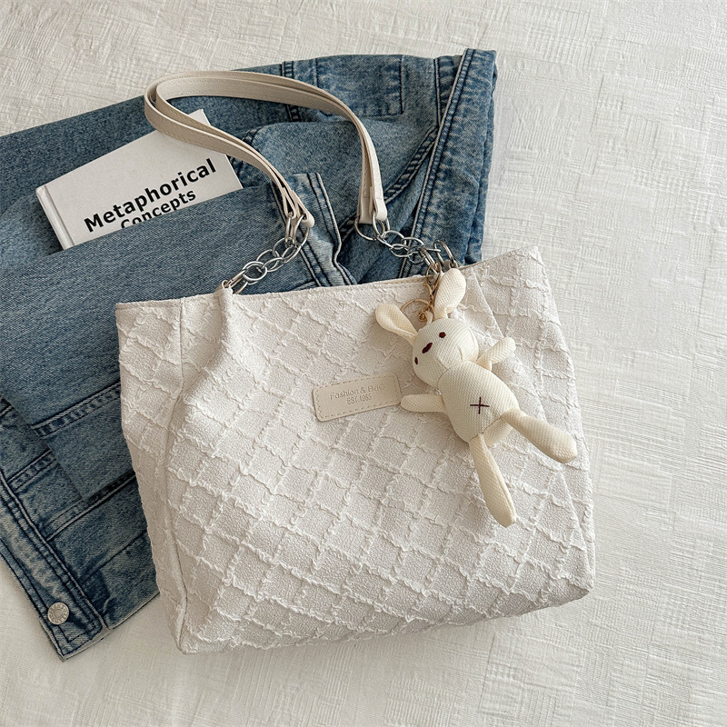 Fashion White With Pendant Fabric Large-capacity Shoulder Bag