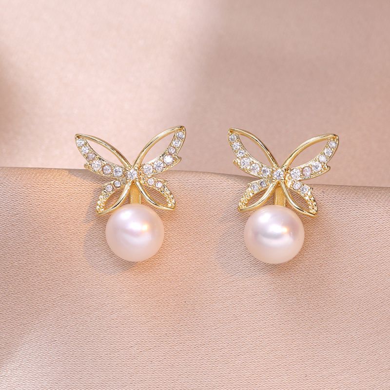 Fashion Gold Copper Diamond Pearl Butterfly Stud Earrings