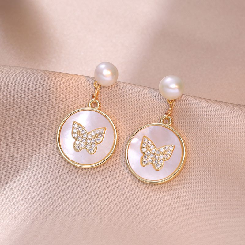 Fashion Gold Copper Diamond Butterfly Shell Round Earrings