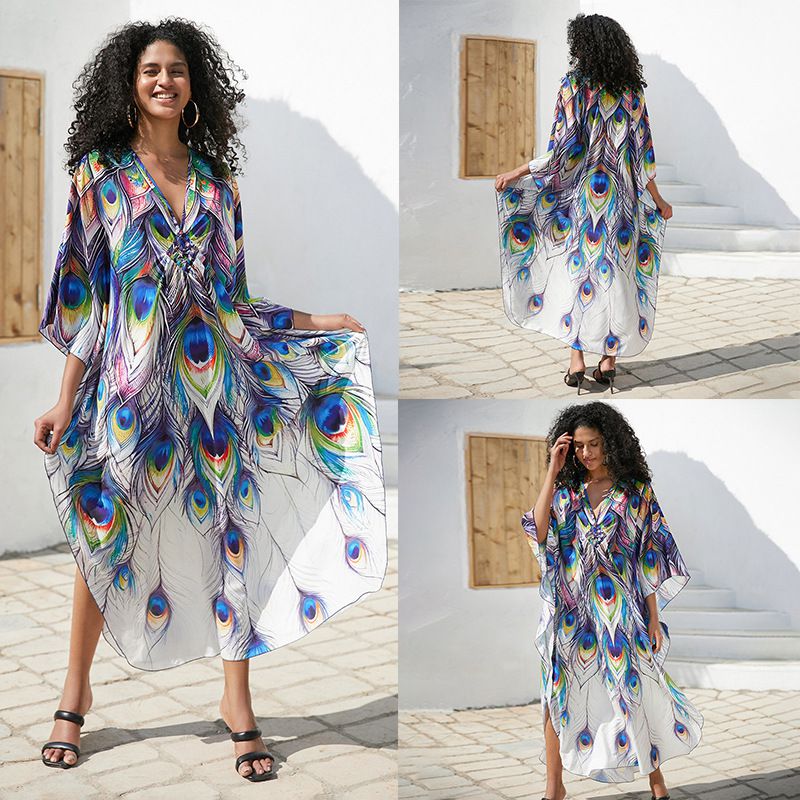 Fashion 7 Peacock Feathers Cotton Printed Blouse Dress