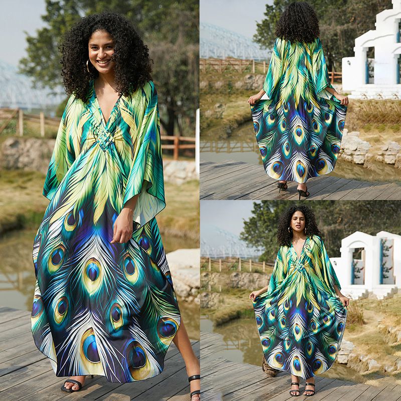 Fashion 12 Green Peacock Feathers Cotton Printed Blouse Dress