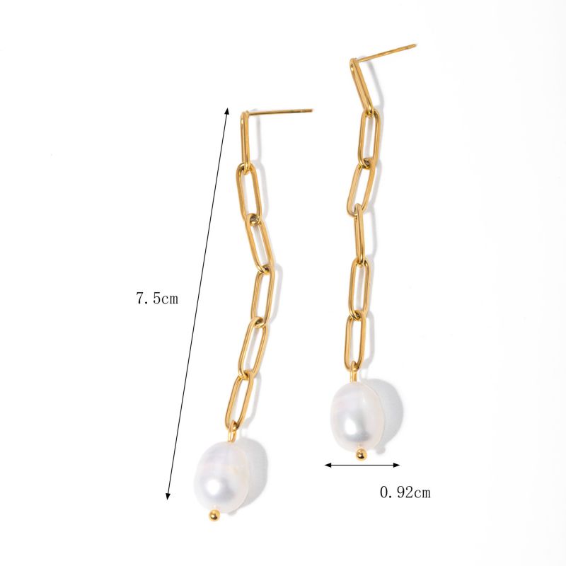 Fashion Gold Titanium Steel Long Chain Pearl Earrings