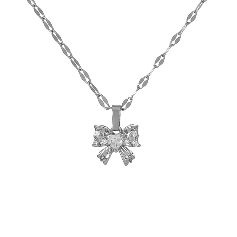 Fashion Silver 3 Titanium Steel With Zirconium Bow Pendant Necklace
