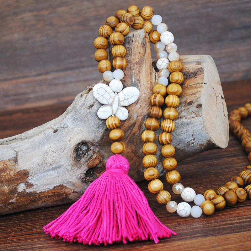 Fashion Rose Red Wood Beads Tassel Necklace