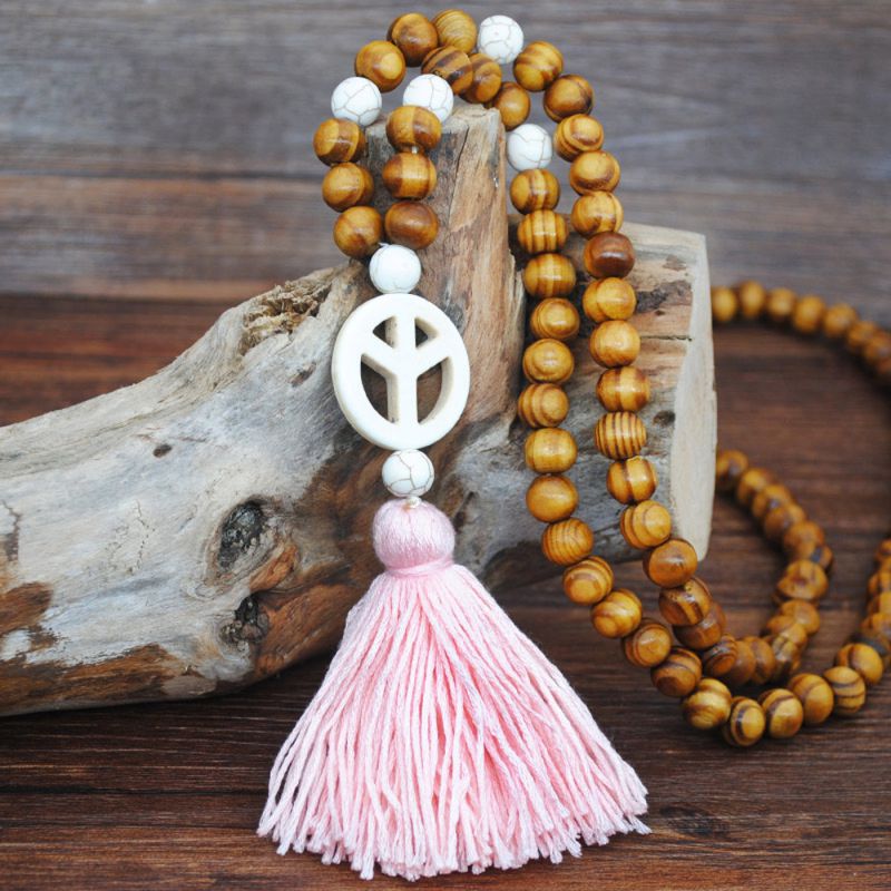 Fashion Pink Wood Beads Tassel Necklace