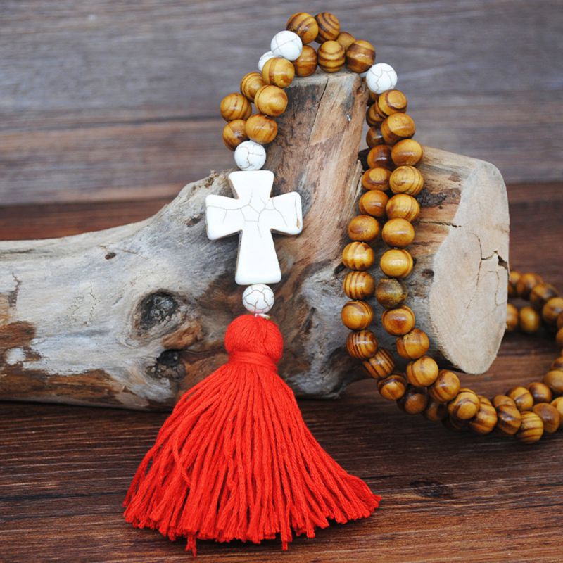 Fashion Red Wood Beads Tassel Necklace