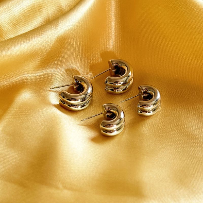 Fashion Silver Trumpet Gold-plated Copper Double-layer C-shaped Earrings