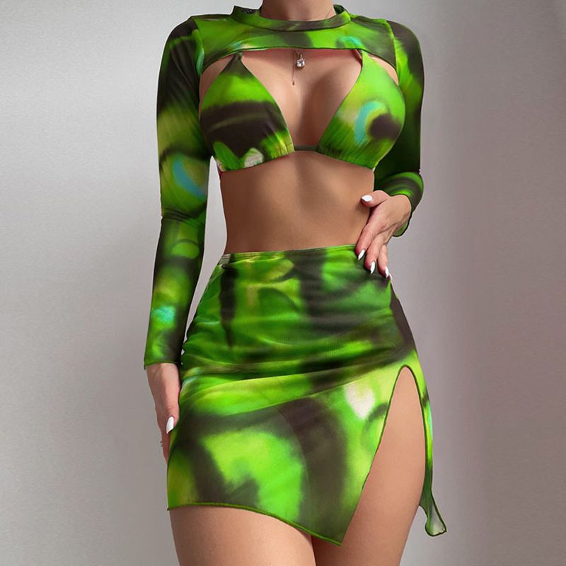 Fashion Green Polyester Gradient Halterneck Split Swimsuit Bikini Four-piece Set