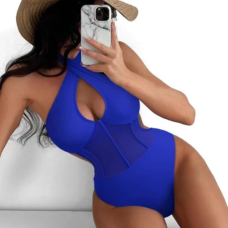 Fashion Blue Polyester Cross Halter Neck Hollow One-piece Swimsuit