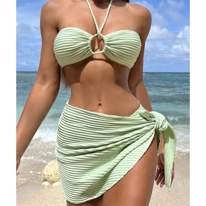 Fashion Light Green Polyester Halter Neck Split Swimsuit Bikini Three Piece Set