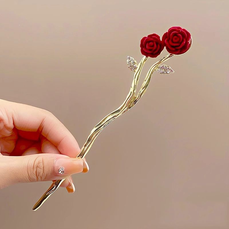 Fashion 5# Twin Red Rose Hairpin Metal Flower Hairpin