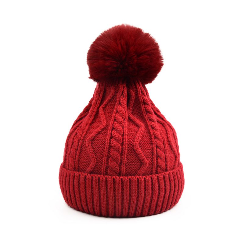 Fashion Burgundy-adult Parent-child Wool Hat Wool Ball Knitted Parent-child Beanie Hat