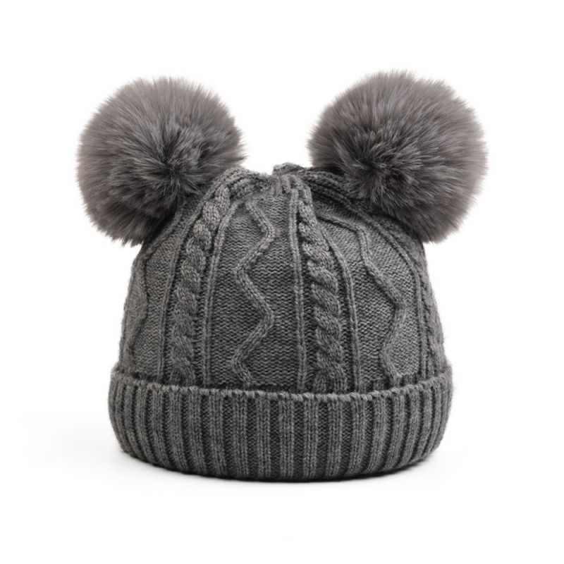 Fashion Gray-children's Parent-child Woolen Hat Wool Ball Knitted Parent-child Beanie Hat