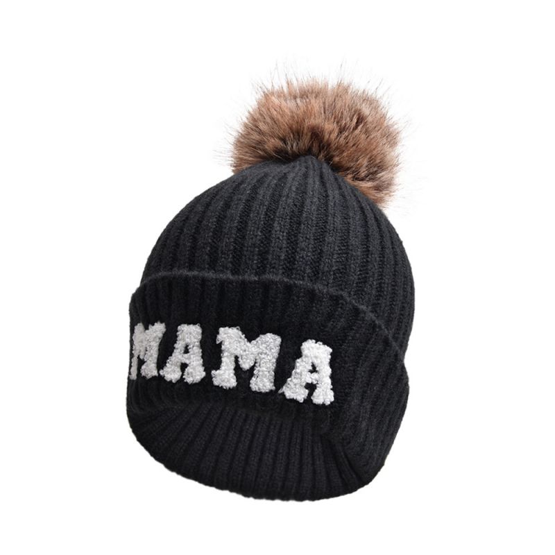 Fashion Black-mama Fur Ball Knitted Hat Letter Embroidered Fur Ball Beanie