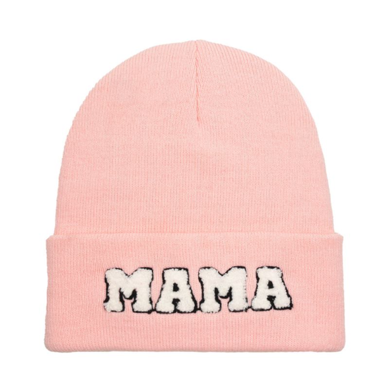 Fashion Light Pink-mama Knitted Hat Letter Embroidered Knitted Beanie