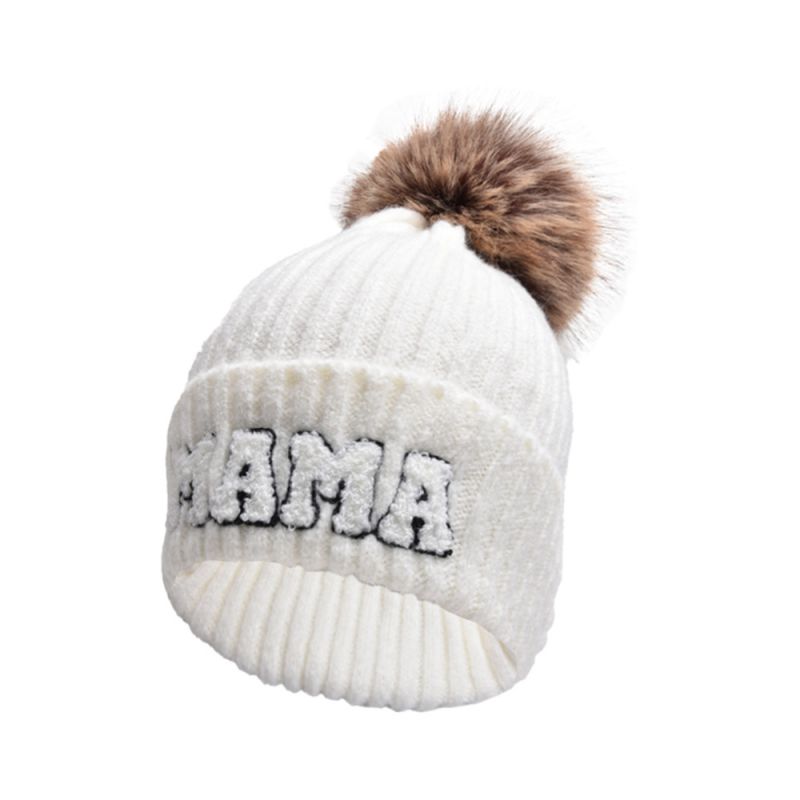 Fashion White-fur Ball Mama Wool Hat Letter Embroidered Knitted Beanie