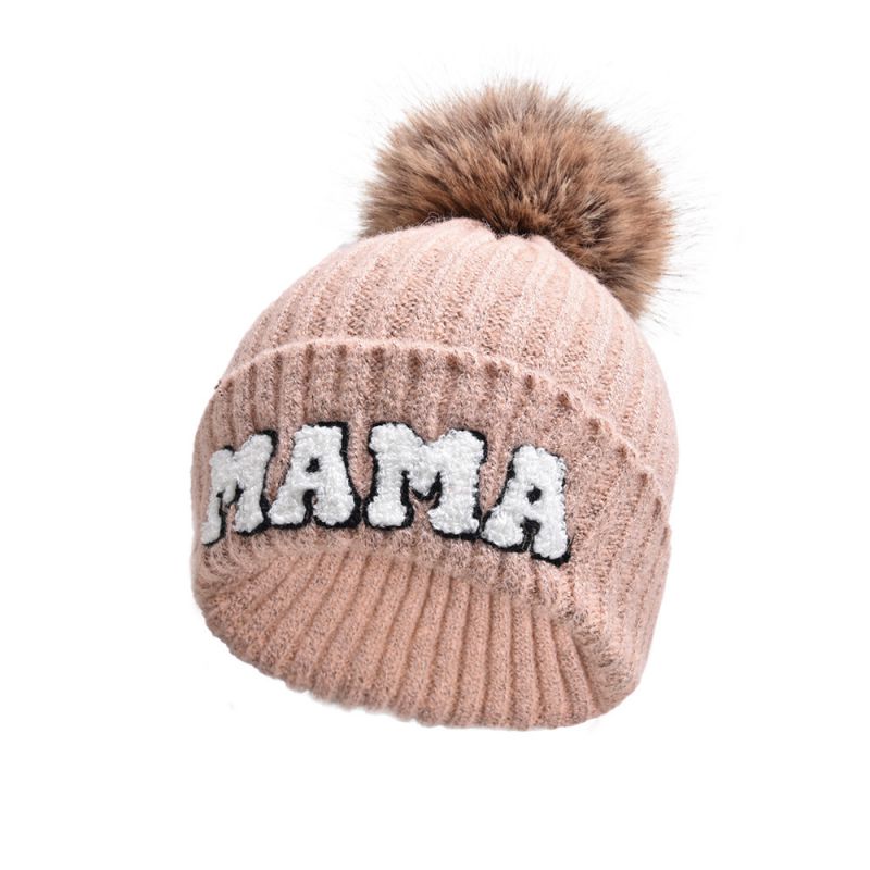 Fashion Leather Pink-fur Ball Mama Wool Hat Letter Embroidered Knitted Beanie