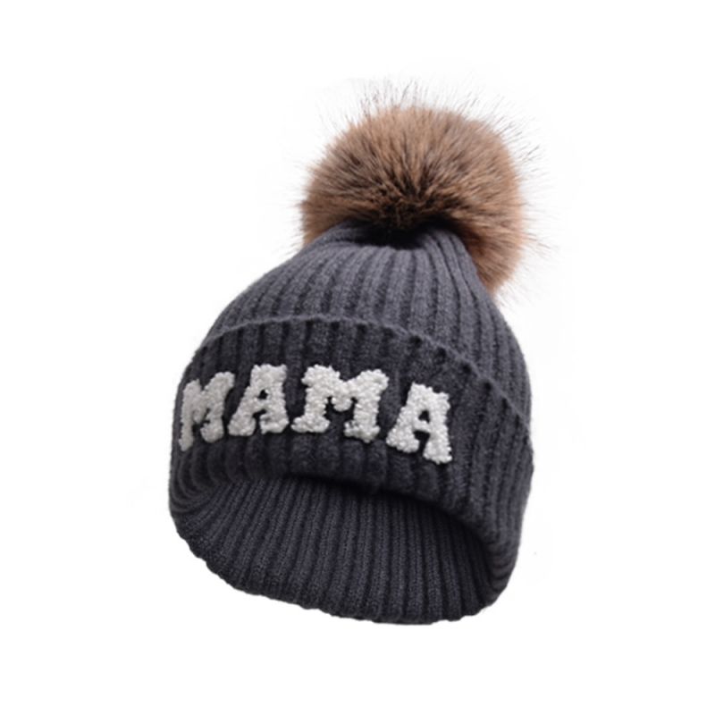 Fashion Black And Gray-fur Ball Mama Wool Hat Letter Embroidered Knitted Beanie