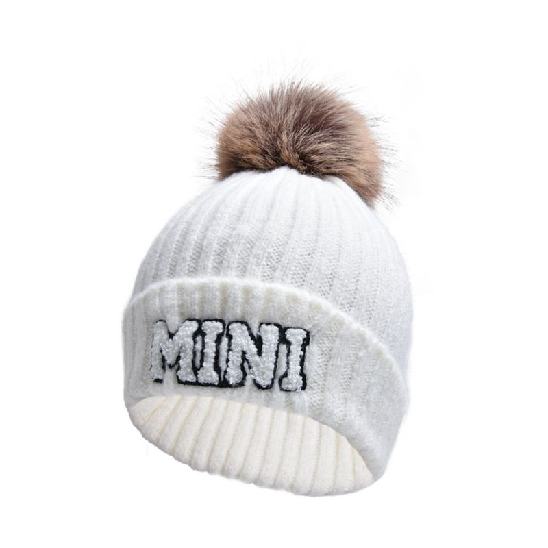 Fashion White-fur Ball Mini Wool Hat (suitable For 2-6 Years Old) Letter Embroidery Knitted Children's Beanie