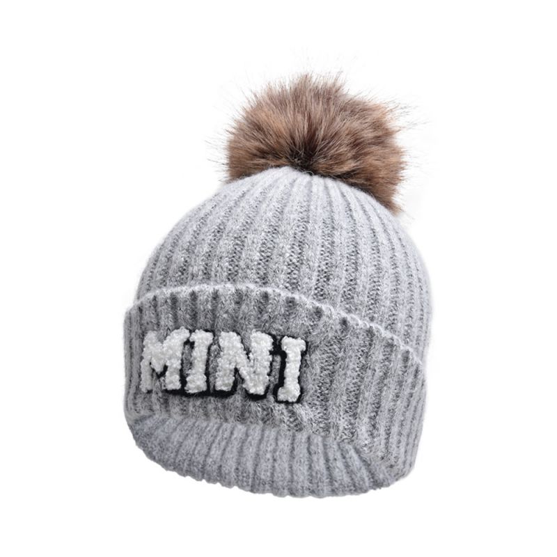 Fashion Light Gray-fur Ball Mini Wool Hat (suitable For 2-6 Years Old) Letter Embroidery Knitted Children's Beanie